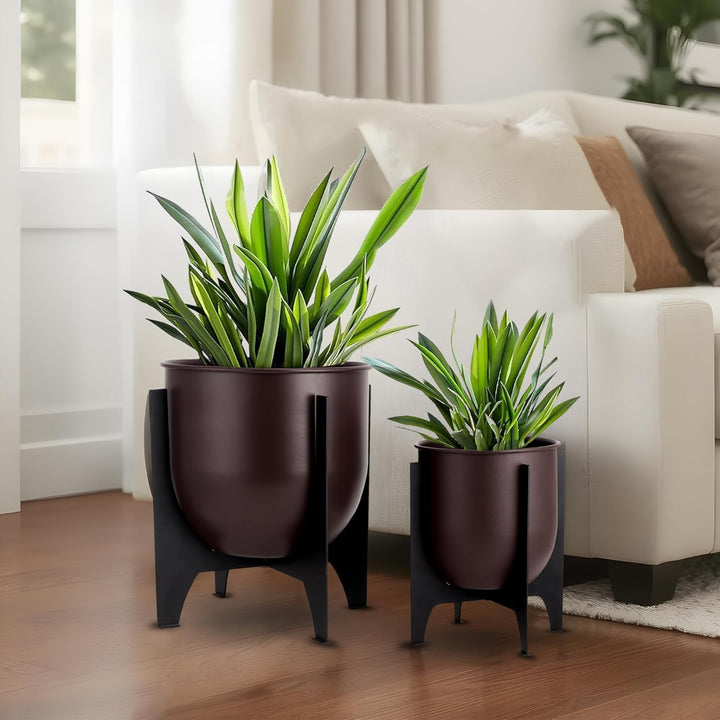 TRIROCKS 2er Set Blumentöpfe mit Metallständer 28/22cm Modern Indoor & Outdoor Pflanzgefässe für Woh