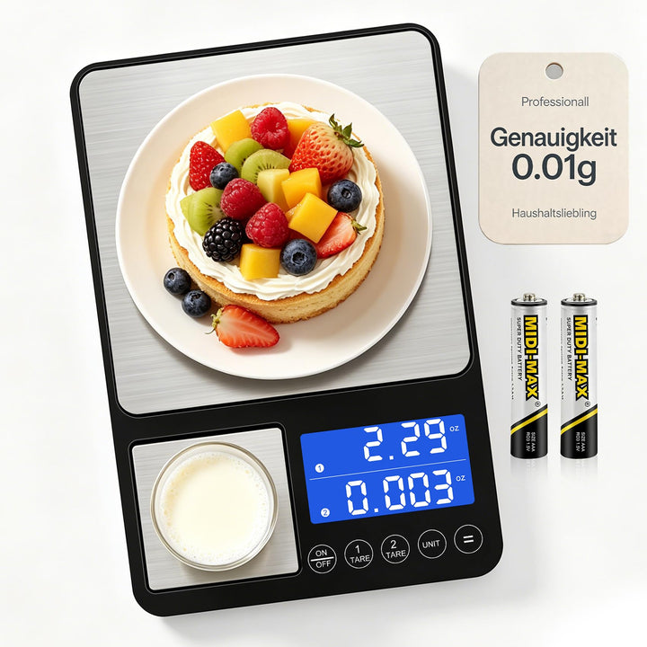 Digitale Küchenwaage mit 2 Plattformen | 15kg/1g & 500g/0.01g Präzisionswaage | 7 Mess-Einheiten, Au