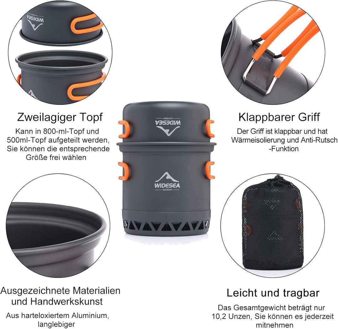 widesea Camping Kochgeschirr Outdoor Topf Pfanne Kochgeräte Wärme-Design für Wandern für 1 Person, f