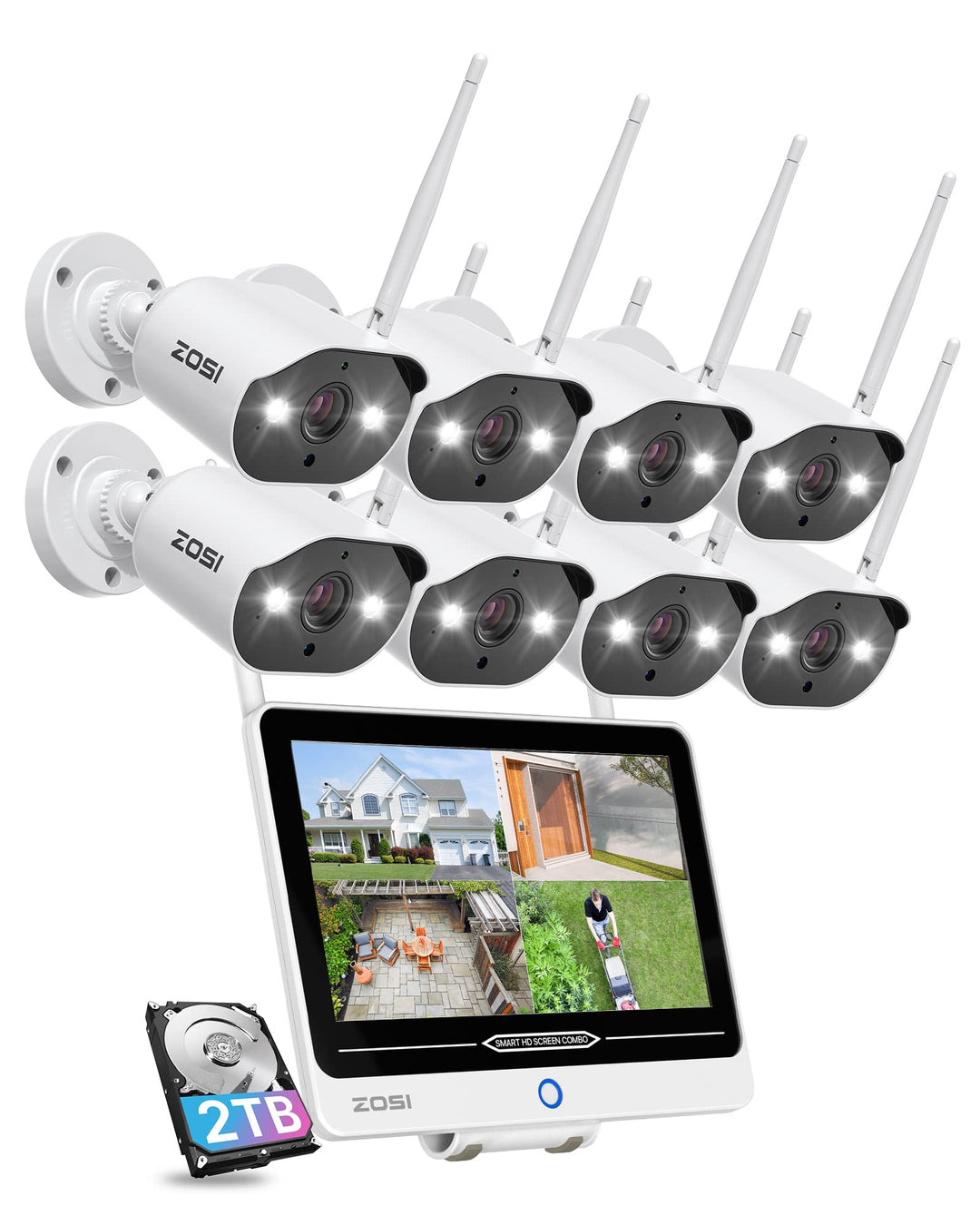 ZOSI Überwachungskamera Set Aussen WLAN mit 12.5" Monitor 8CH 2TB HDD NVR, 8X 3MP WiFi Überwachungsk
