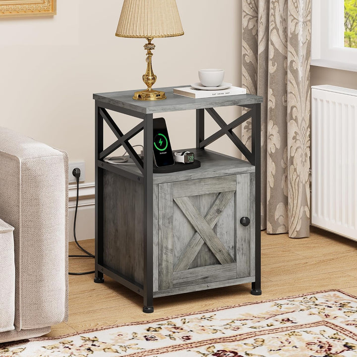 YITAHOME Beistelltisch, Nachtschrank mit Kabinett, X-förmiger Wohnzimmertisch mit Ladestation, 2 USB