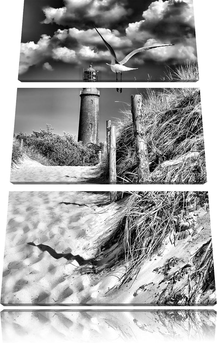 Pixxprint Schöner Leuchtturm am Strand / 3-Teilig/Gesamtmass 120cm Leinwandbild bespannt auf Holzrah