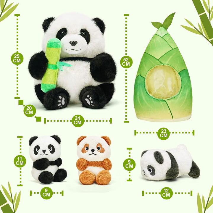 OUOZZZ 5 Stück Panda Kuscheltier und Bambus-Tasche, 25cm Weich Panda Plüschtier mit 3 Baby im Bauch