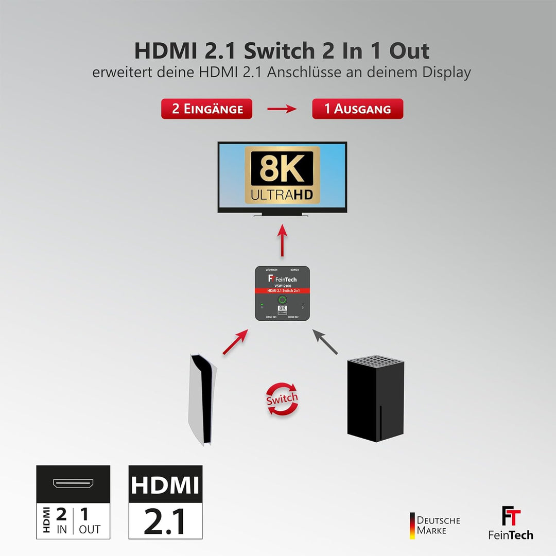 FeinTech VSW12100 HDMI 2.1 Switch 2 in 1 Out 4K 120Hz 8K 60Hz 48Gbps für Xbox PS5