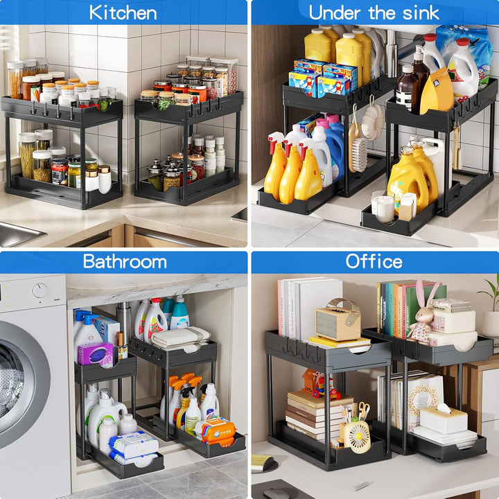 ARSTPEOE Küchen Organizer - Unter Waschbecken Regal - 2 Etagen Schrank Organizer mit 8 Haken, Schubl
