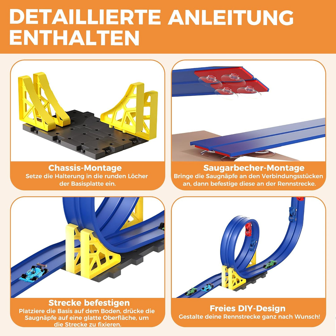 Flexible Rennbahn Kinder 5 m, Autorennbahn Kinder Doppel-Rennstrecke mit 6 Autos, Für 1/64 Autos, Sp