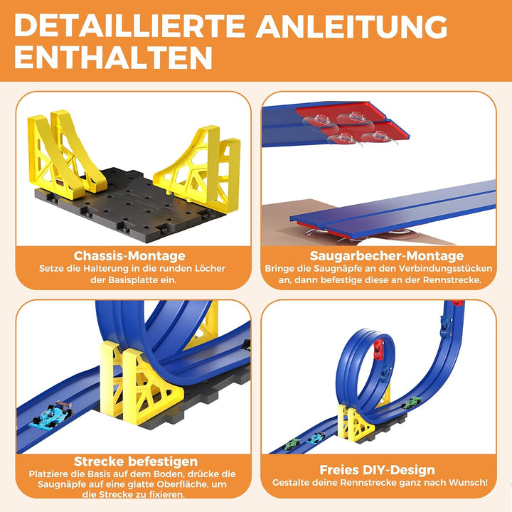 Flexible Rennbahn Kinder 5 m, Autorennbahn Kinder Doppel-Rennstrecke mit 6 Autos, Für 1/64 Autos, Sp