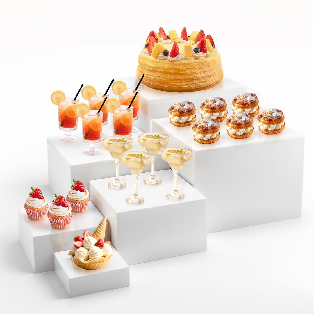 Acryl Buffet Ständer Set, 6 Stück, Weiss, 7,5-20 cm Höhe, Dessert Präsentationsständer für Catering