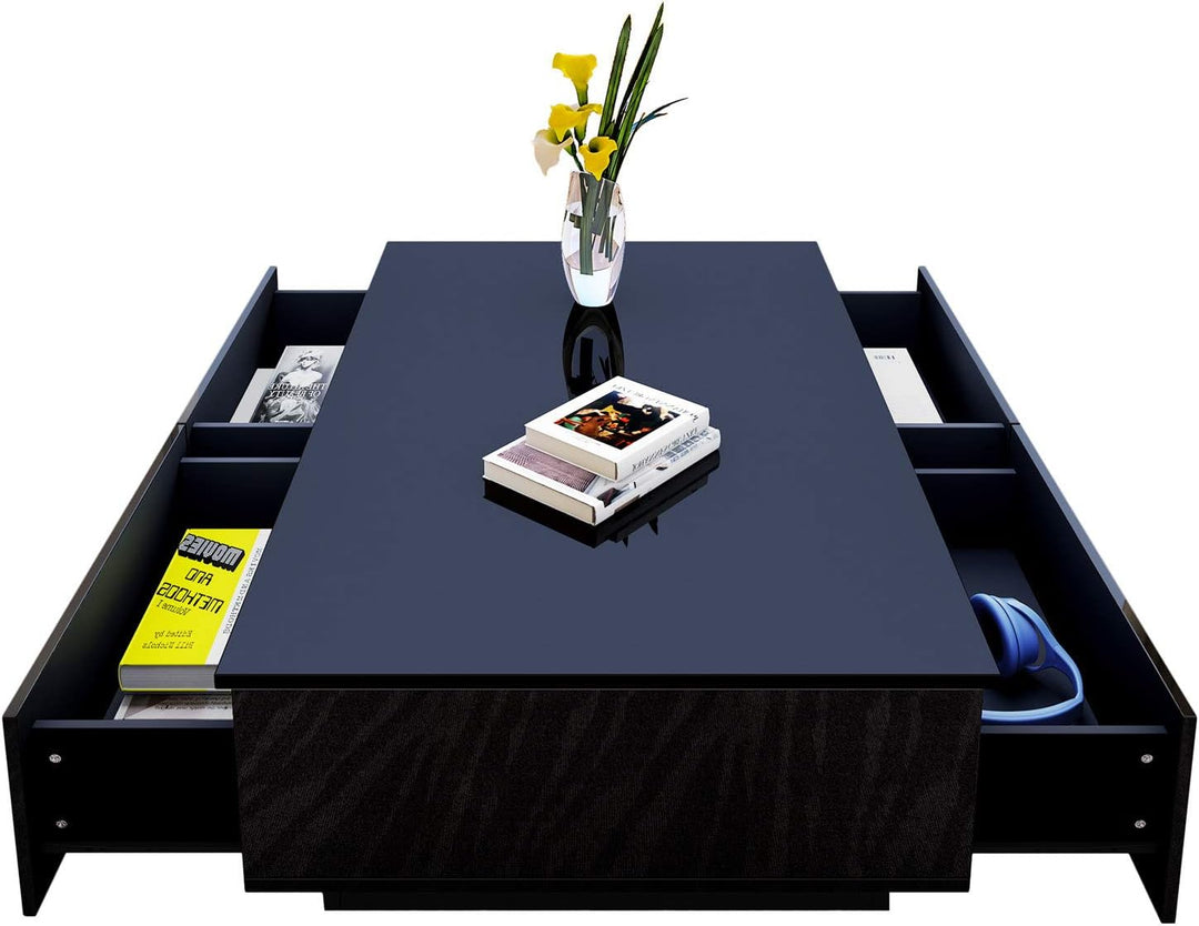 Couchtisch, Couchtisch mit Stauraum, schwarz glänzender Couchtisch für Wohnzimmer, rechteckiger Mitt