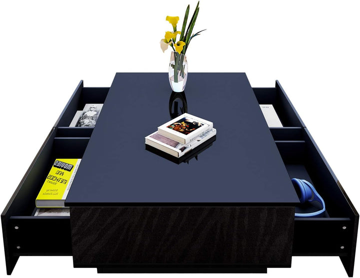 Couchtisch, Couchtisch mit Stauraum, schwarz glänzender Couchtisch für Wohnzimmer, rechteckiger Mitt