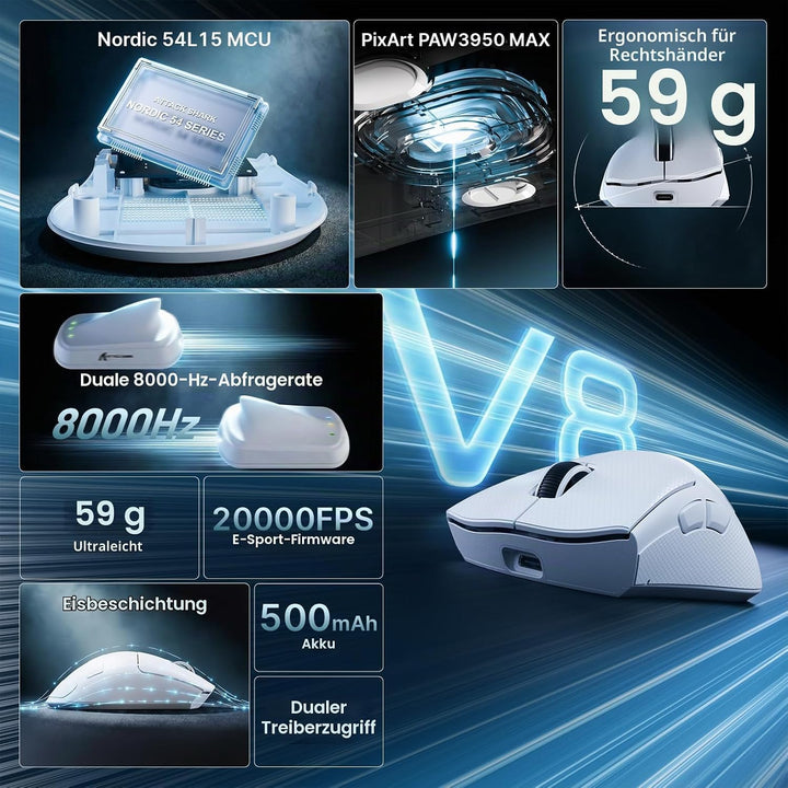ATTACK SHARK V8 8000Hz Kabellose Gaming-Maus, Nordic 54L15 Chip, PAW3950MAX Sensor, 42000 DPI, 20000