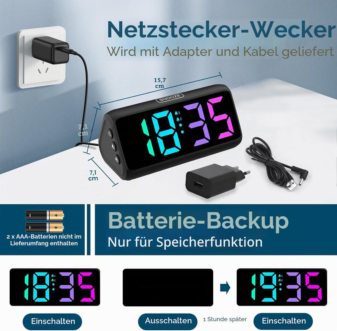 Lauter Wecker für Tiefschläfer, Wecker Digital mit Bunte Display, Doppelalarm, 5 Helligkeitsdimmer,