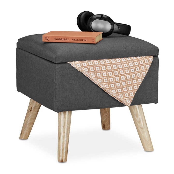 Relaxdays Hocker mit Stauraum, Kunstleinen-Bezug, gepolstert, Holzbeine, Fusshocker mit Deckel, HBT
