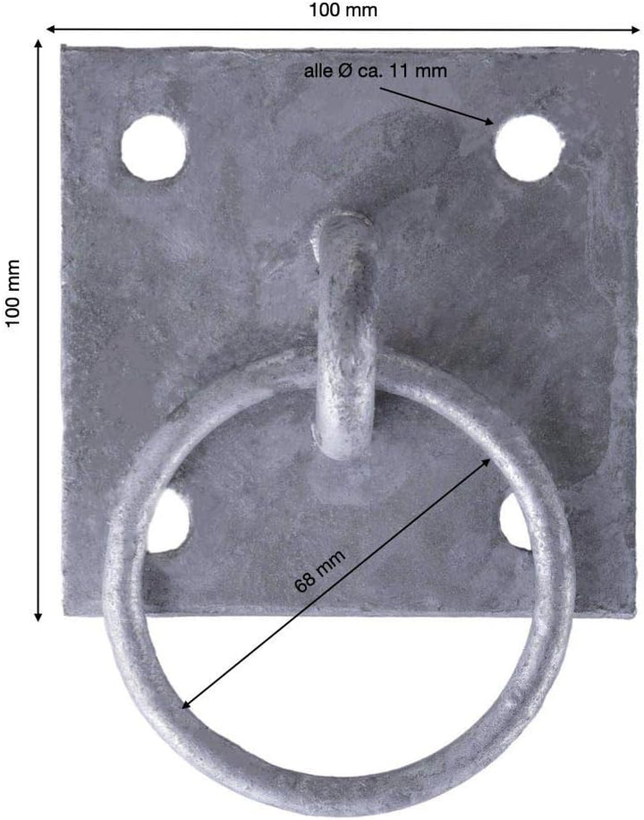 2 x Anbindering Ø 68 mm mit quadratischer Ösenplatte 100 x 100 mm feuerverzinkt aus Stahl – Robuster