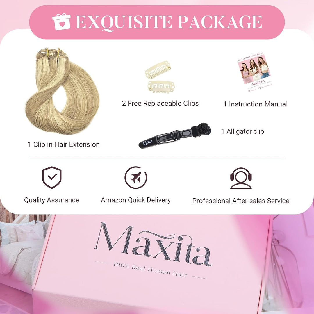 MAXITA Clip in Haarverlängerungen aus echtem Menschenhaar, Remy Haar Clip in Extensions für Damen, n