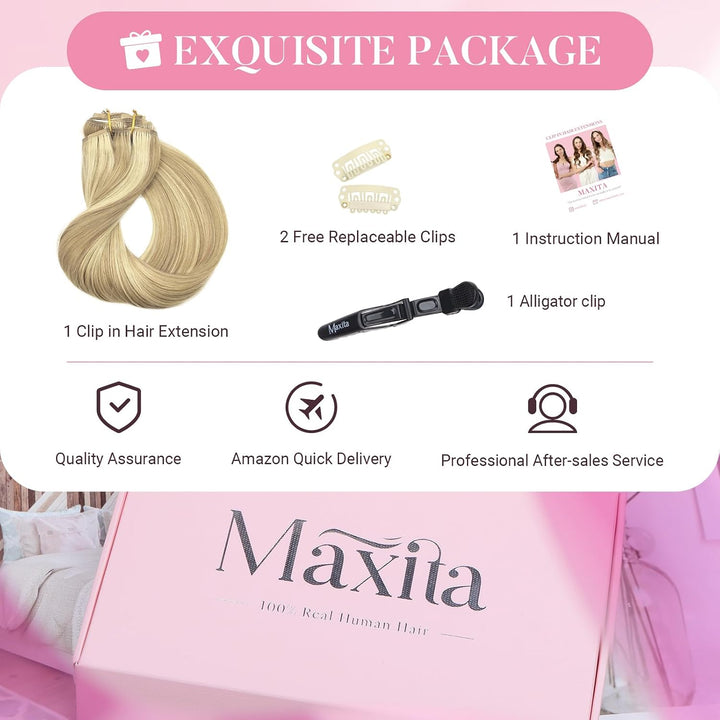 MAXITA Clip in Haarverlängerungen aus echtem Menschenhaar, Remy Haar Clip in Extensions für Damen, n
