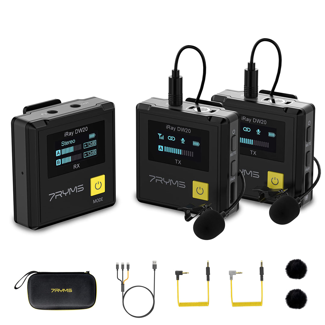 7RYMS iRAY DW20 Lavalier Wireless Mikrofon, 9H Akkulaufzeit, 100m Reichweite, Digitaler/Analogausgan
