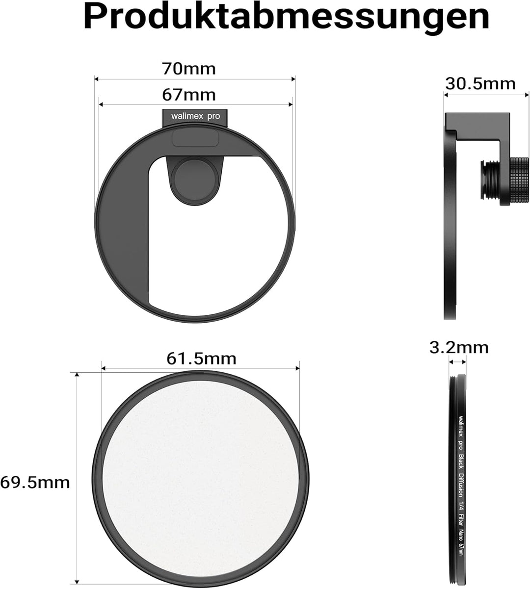 Walimex pro Filterhalter 67 mm für Handykamera, inkl. Diffusionsfilter 67 mm, Cold Shoe Mount für LE
