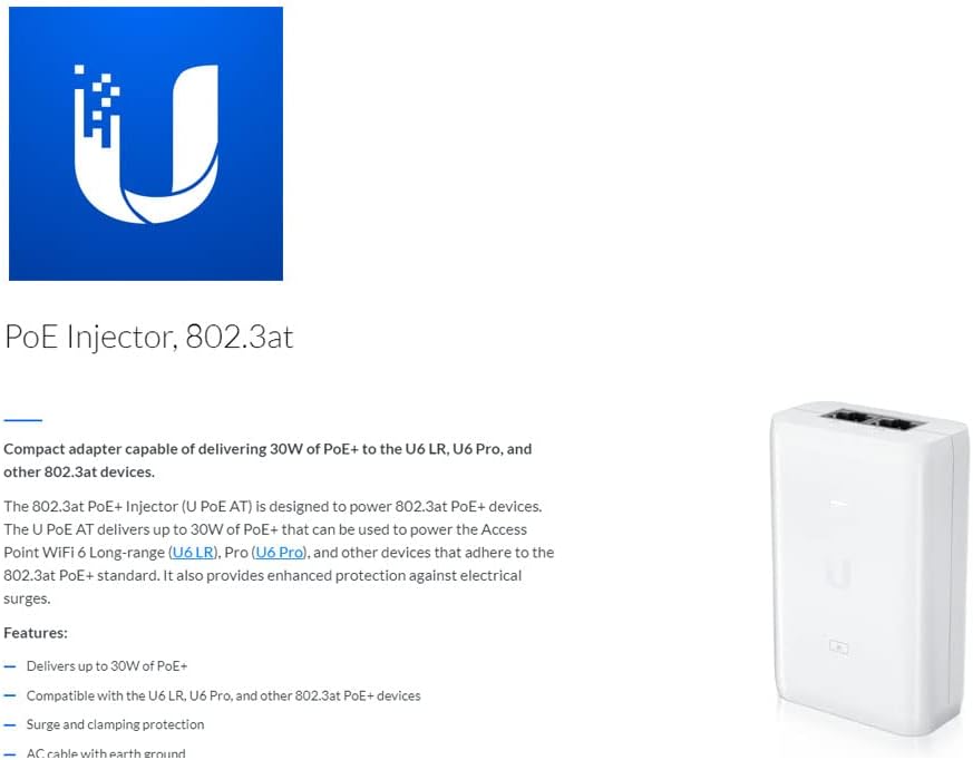 Kompakter PoE+ Injektor, der 30 W Leistung für Ihre Ubiquiti-Zugangspunkte und Kameras liefert