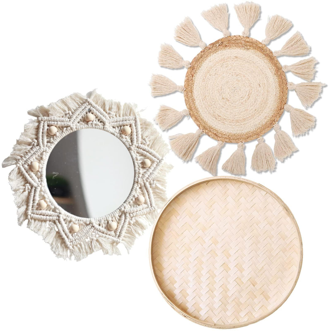 Boho Wandkorb Dekor Set - Flach Gewebter Makramee Tapisserie Spiegel Weiss Runde Quasten Handgemacht