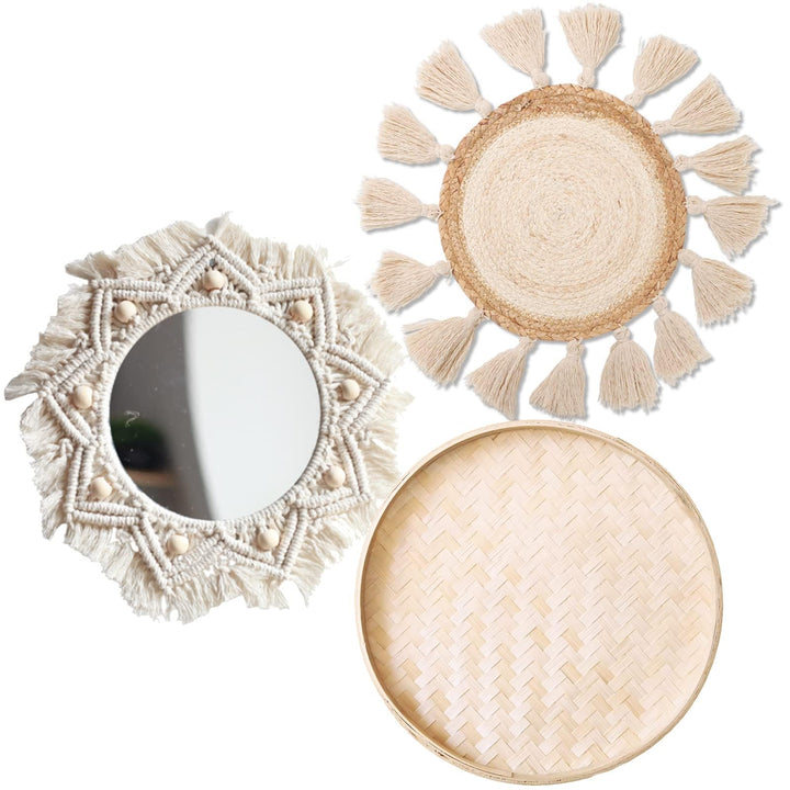 Boho Wandkorb Dekor Set - Flach Gewebter Makramee Tapisserie Spiegel Weiss Runde Quasten Handgemacht