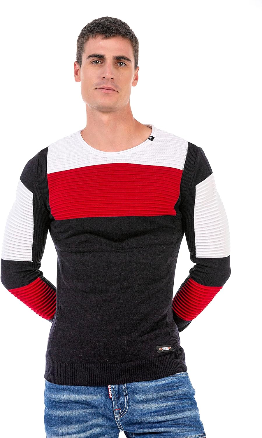 Cipo & Baxx Herren Strick Pullover Sweater Gerippt Pulli CP247 Dunkelblau-Rot XL
