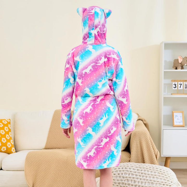 Katzen Bademantel für Mädchen Weiches Fleece Morgenmäntel mit Kapuze und Katzenohren Rosa/Lila Einho