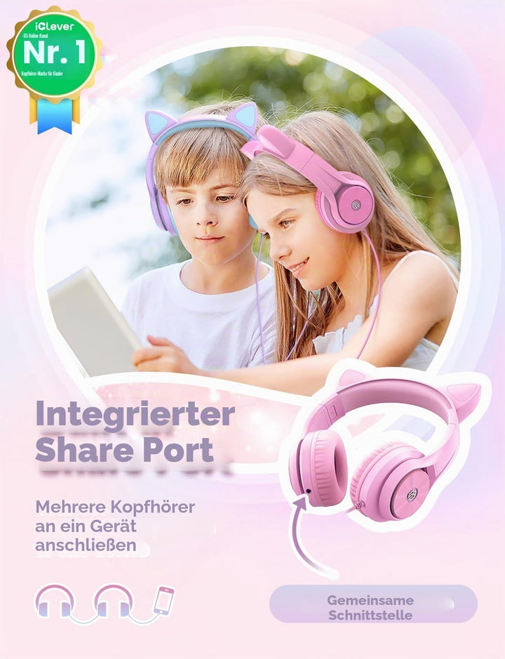 iClever Kinder Kopfhörer, Katzenohr-LED-Leuchte Over-Ear mit 85dBA Lautstärkebegrenzung Faltbare HD