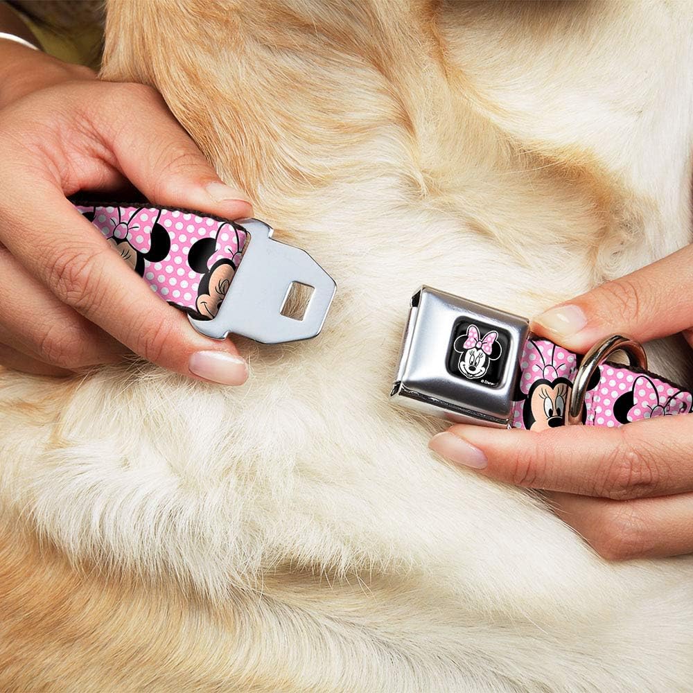 Buckle-Down Seatbelt Buckle Dog Collar - Minnie Mouse Expressions Polka Dot Pink/White - 1" Wide - F