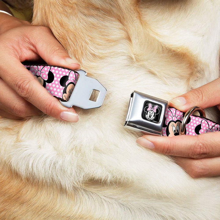 Buckle-Down Seatbelt Buckle Dog Collar - Minnie Mouse Expressions Polka Dot Pink/White - 1" Wide - F