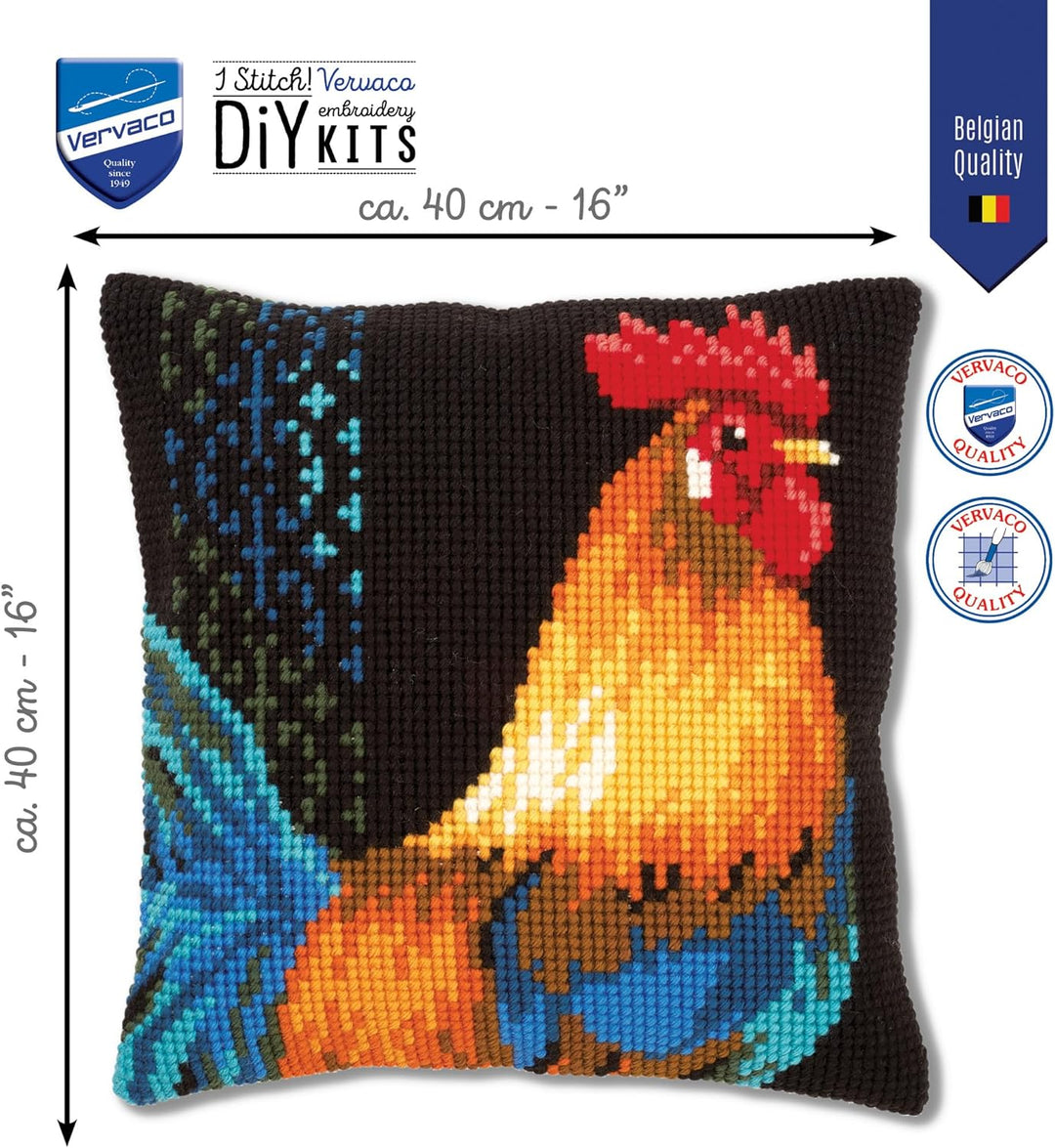 Vervaco Kreuzstichkissen Huhn Kreuzstickpackung vorgedruckt, Stramin, weiss, 40 x 40 x 0,3 cm