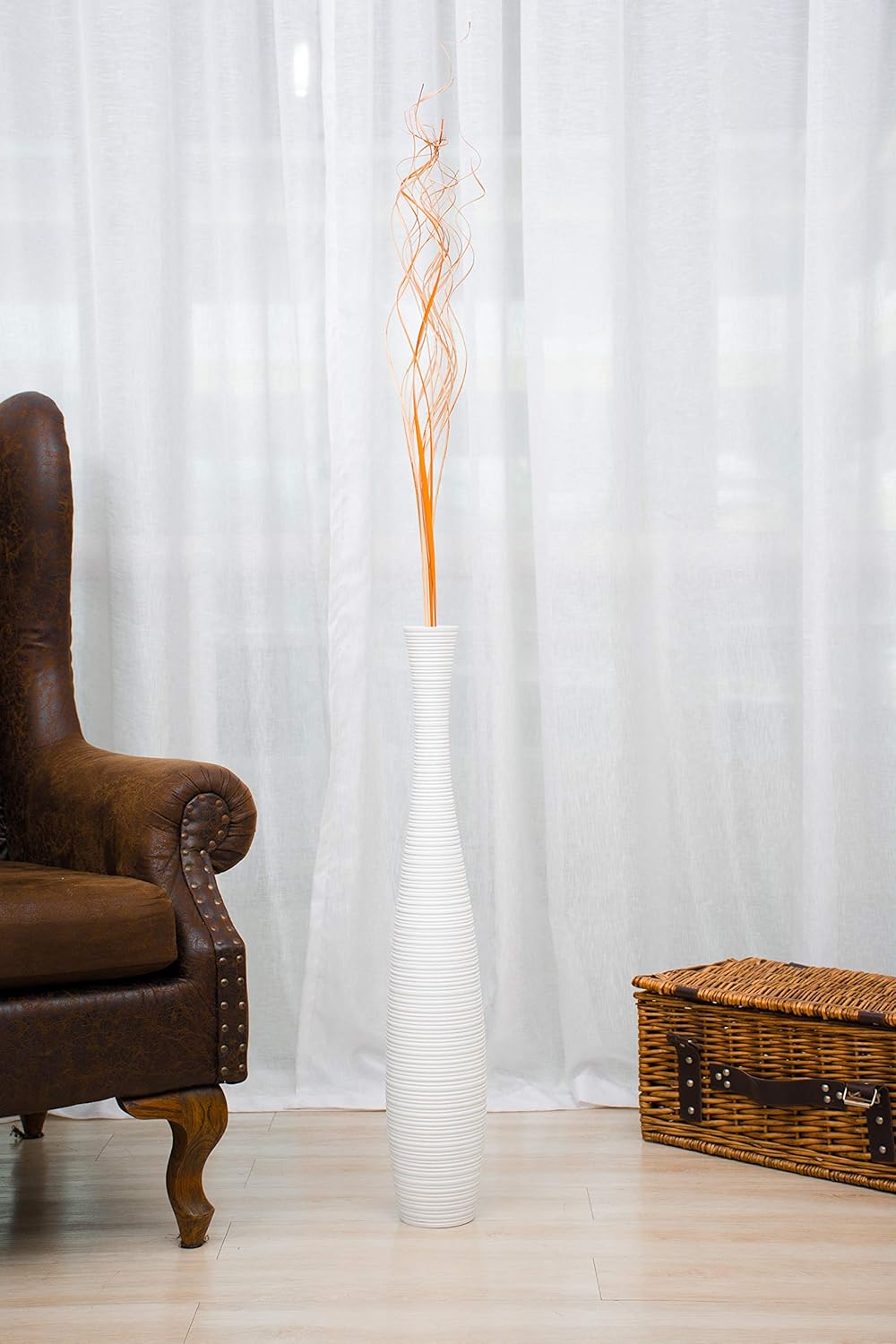 Leewadee Grosse Bodenvase für Dekozweige hohe Standvase Design Holzvase, Holz, 70 cm, Weiss 70 cm We