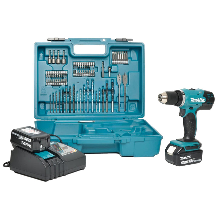 Makita dhp453rfx4 Bohrmaschine Schlagschrauber DHP453Z + 2 Akkus 18 V 3 Ah Li-Ion + 74 Zubehör + Tra
