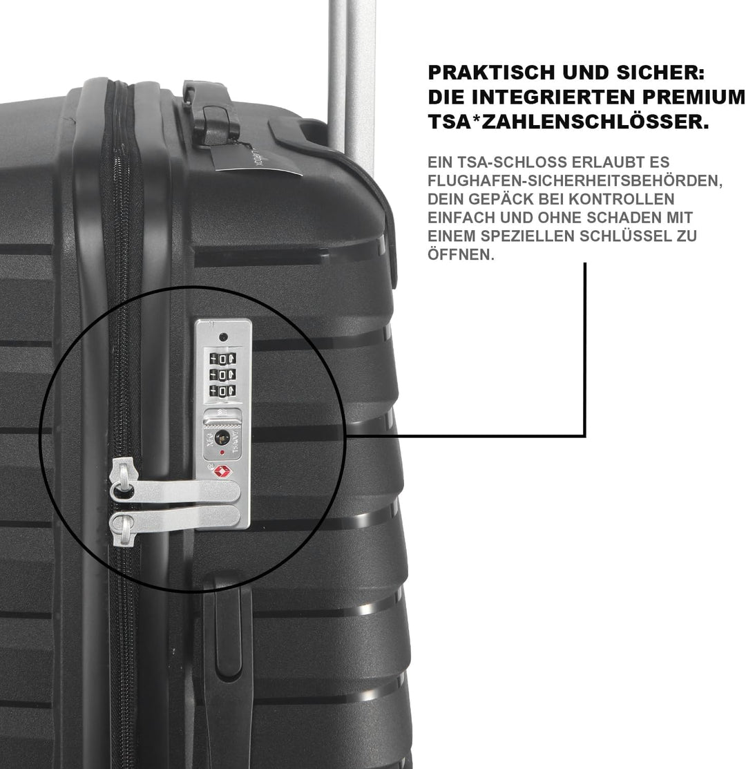 Hartschalen Kofferset 3-teilig, Schwarz | Polypropylen, 55/66/74 CM (43L/65L/110L), TSA Zahlenschlos