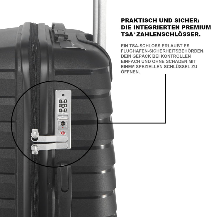 Hartschalen Kofferset 3-teilig, Schwarz | Polypropylen, 55/66/74 CM (43L/65L/110L), TSA Zahlenschlos