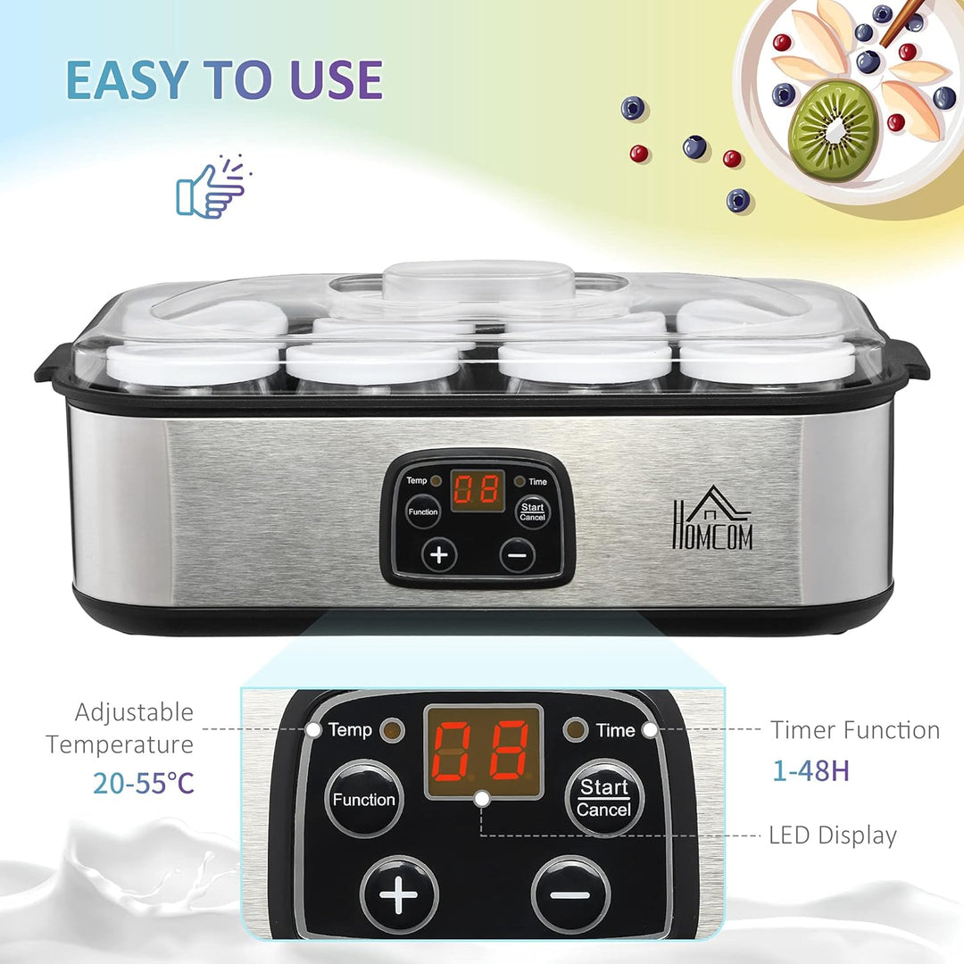 HOMCOM Joghurtbereiter 25W Joghurtmaschine mit LCD-Display 8 Joghurtgläser mit Deckel aus Glas 180ml