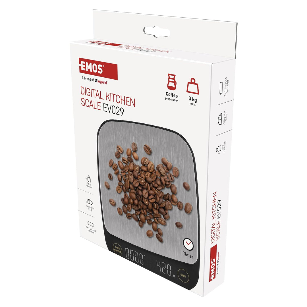 EMOS - digitale Kaffeewaage aus Edelstahl - Küchenwaage für Barista - 3kg Maximalgewicht, 0,1g Präzi