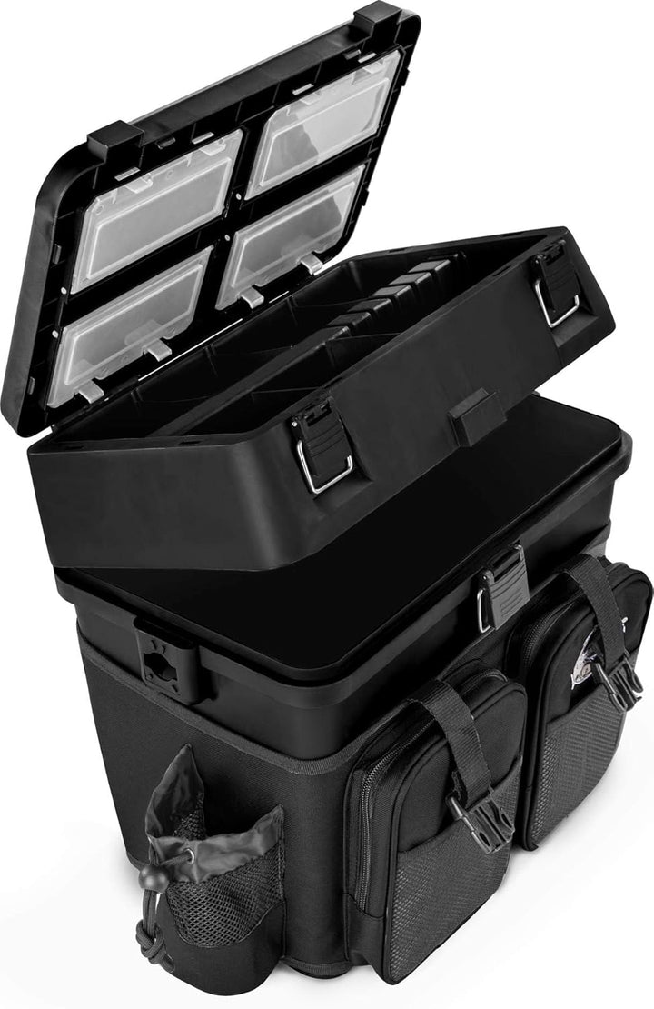 Sitzkiepe Angelrucksack Multi-Angelbox Sitz- und Gerätekasten mit Tragegurtsystem - inklusive 4 Kuns