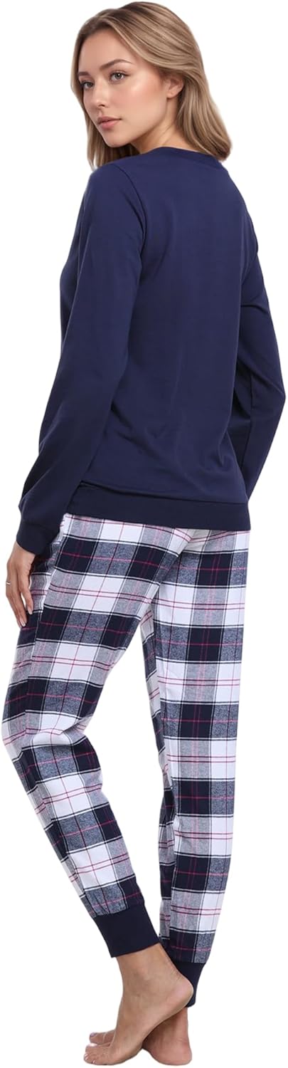Mnemo Schlafanzug Damen 100% Baumwolle Bequemer Pyjama Damen Baumwolle mit Karomuster S Blau & Weiss