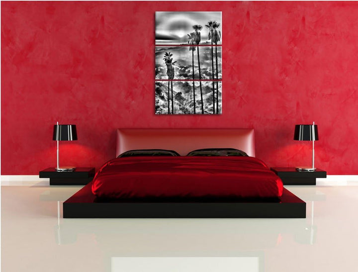 Pixxprint Palmen im Sonnenuntergang / 3-Teilig/Gesamtmass 120cm Leinwandbild bespannt auf Holzrahmen