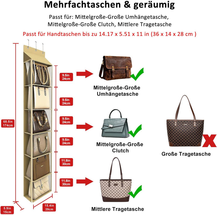 Lirex Geldbörsen-Organizer, 6 Taschen Handtaschen-Organizer mit Reissverschluss zum Aufhängen, für S