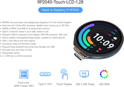 RP2040 Mikrocontroller Entwicklungsboard mit 1.28 Zoll Rundem Touch LCD, 240x240 Pixel 65K RGB Farbe