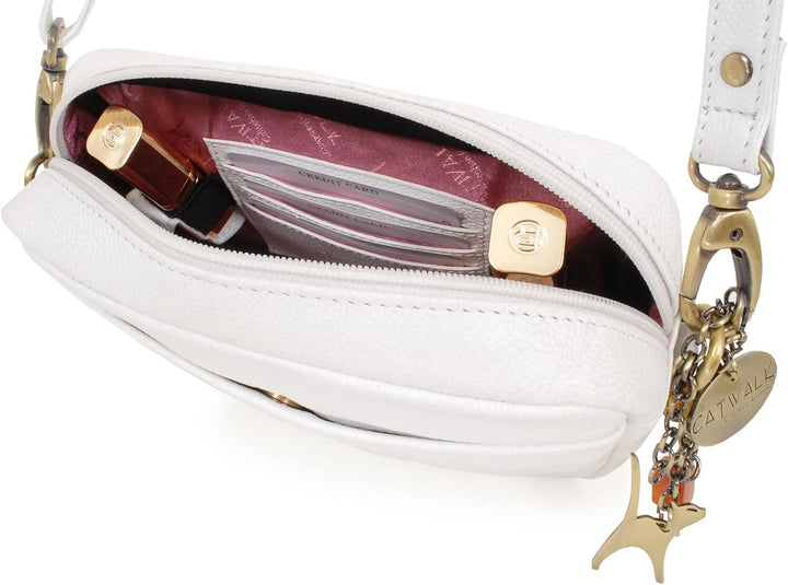 Catwalk Collection Handbags - Leder - Klein Umhängetasche Messenger/Schultertasche - POLLY Weiss, We