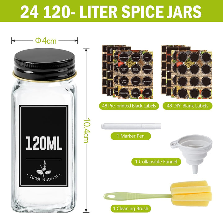 UISEBRT Gewürzgläser Eckig Set 12/24er Gewürzbehälter mit Etiketten Spice Jars Gewürzdosen Glas 120M