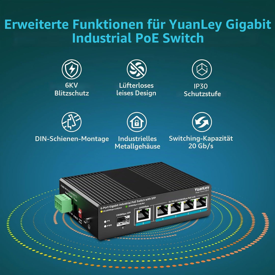 YuanLey 6-Port Industrie-Switch mit 4-Port PoE Gigabit, 1x 1000Mbps Uplink, 1x SFP Port, Unmanaged D
