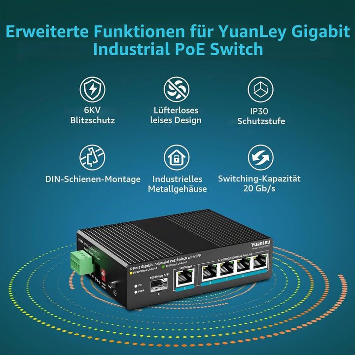 YuanLey 6-Port Industrie-Switch mit 4-Port PoE Gigabit, 1x 1000Mbps Uplink, 1x SFP Port, Unmanaged D