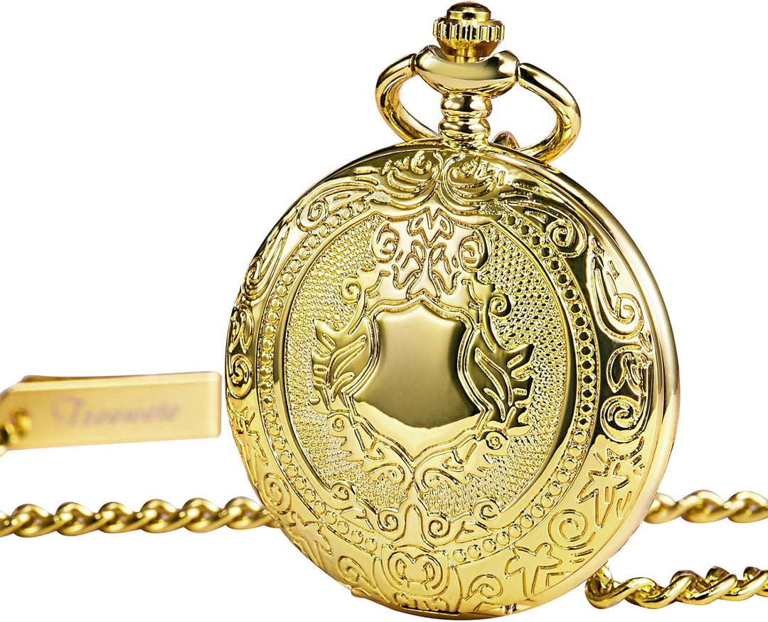 TREEWETO Unisex Taschenuhr mit Kette Analog Handaufzug Antik Graviert Römische Silber/Gold/Schwarz,