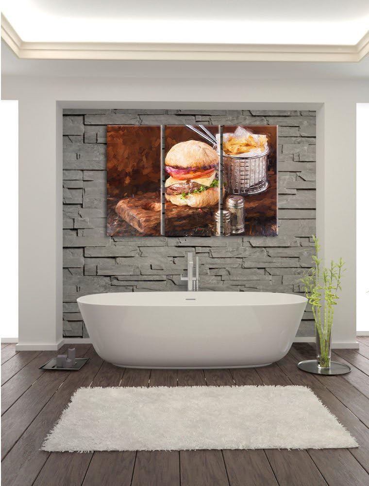Pixxprint Cheesburger mit Pommes als Leinwandbild/Grösse: 3 Teilig (120x80) cm/Wandbild/Kunstdruck/f