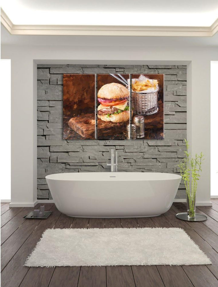 Pixxprint Cheesburger mit Pommes als Leinwandbild/Grösse: 3 Teilig (120x80) cm/Wandbild/Kunstdruck/f