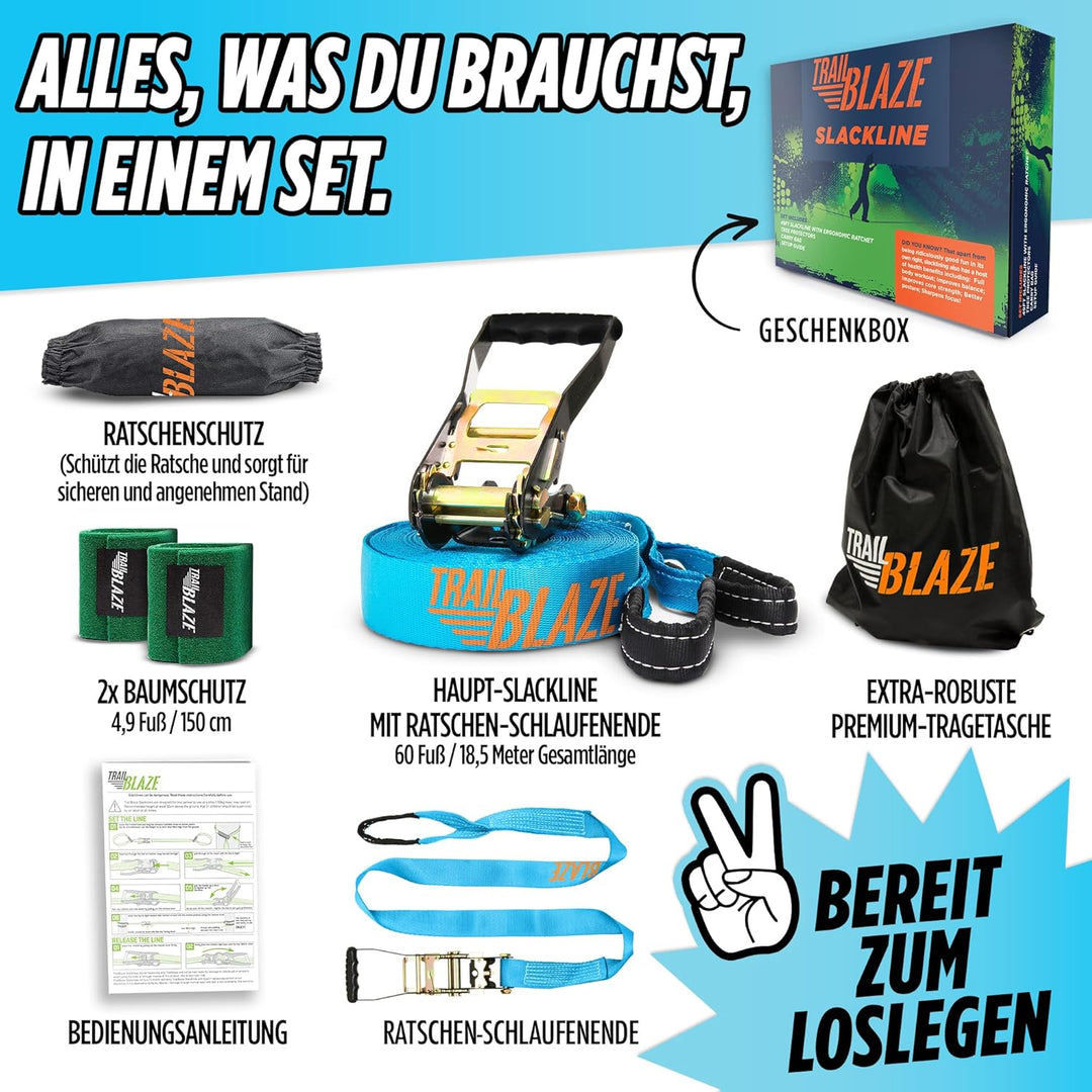 TRAILBLAZE Kit Slackline Completo – Con Protezioni Alberi + Sacca Porta Slackline - Installazione Fa